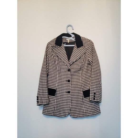 Alex Colman Jackets & Blazers - Vtg 70s Alex Colman Womens S Blazer Houndstooth Velvet Trim Button Front Black